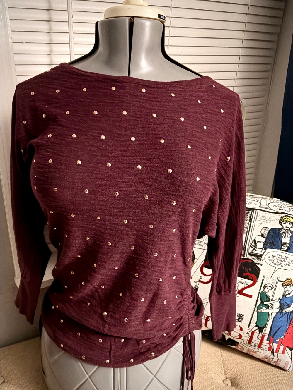 Express Burgundy Mid Sleeve Boatneck Top with Studs